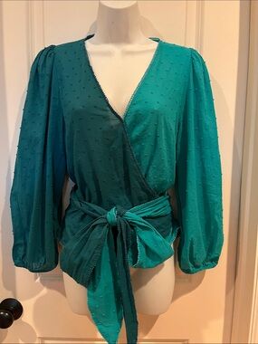 ANTHROPOLOGIE x FARM RIO EXCLUSIVE COLORBLOCKED WRAP TIE SWISS DOT BLOUSE TOP M